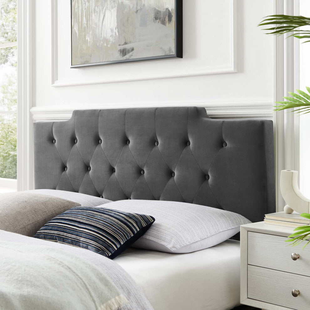 Tufted Headboard, Full Queen Size, Velvet, Dark Gray, Modern Contemporary