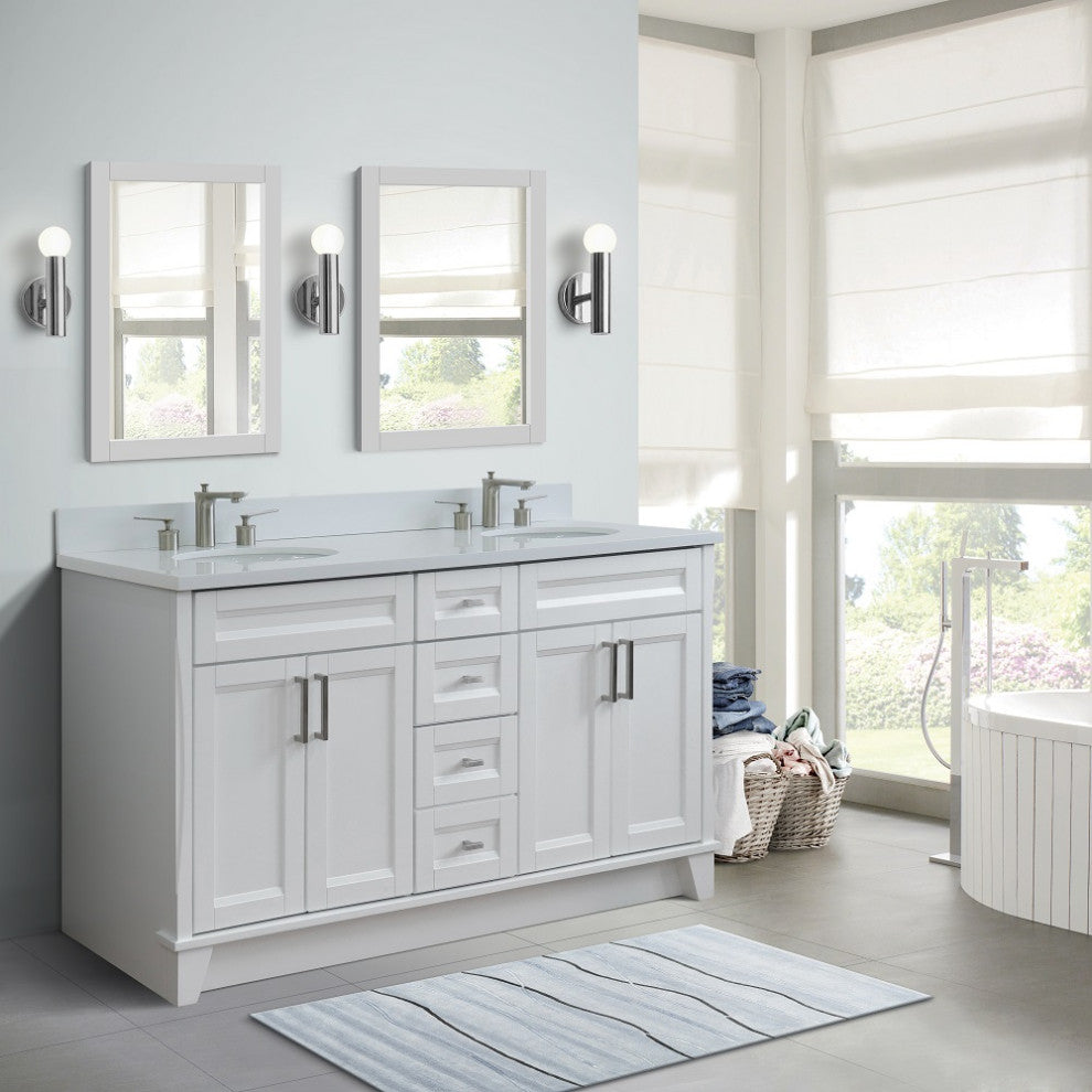 61" Double Sink Vanity, White Finish And Engineered Stone Top And Oval Sink
