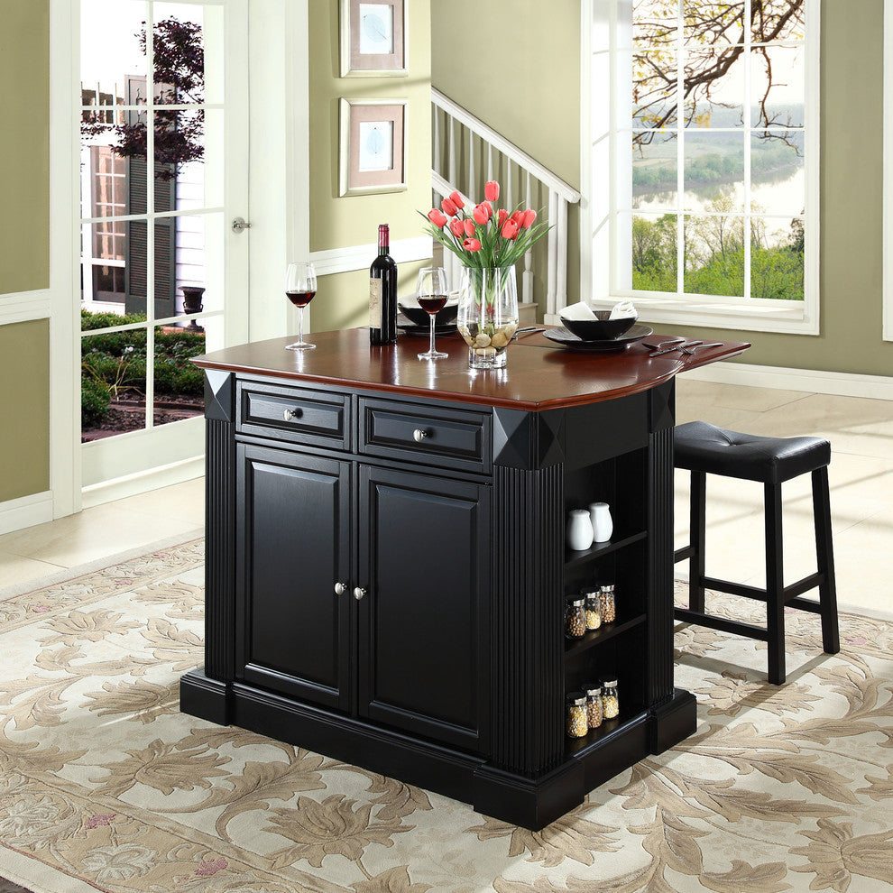 Drop Leaf Breakfast Kitchen Island, Black, 24" Black Upholstered Saddle Stools