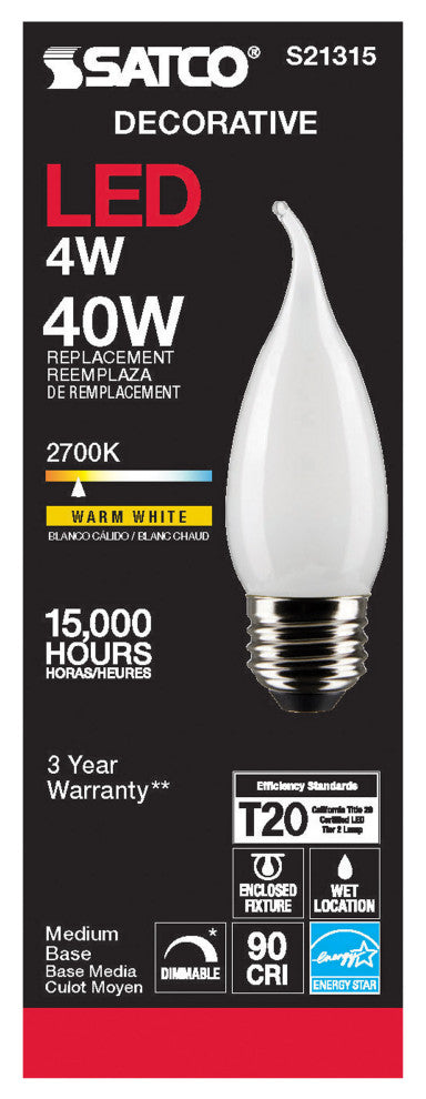 4W CA10 LED, Frost, Medium Base, 90 CRI, 2700K, 120V