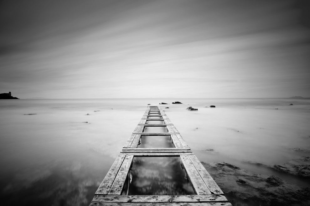 Moody Ocean & Sky Wooden Pier Black & White Landscape Photo Canvas Art Print, 12" X 16"