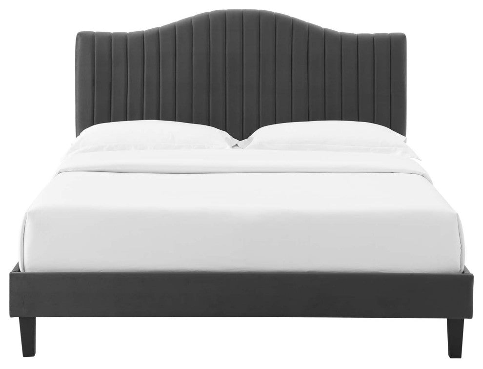Tufted Platform Bed Frame, King Size, Velvet, Gray, Modern Contemporary