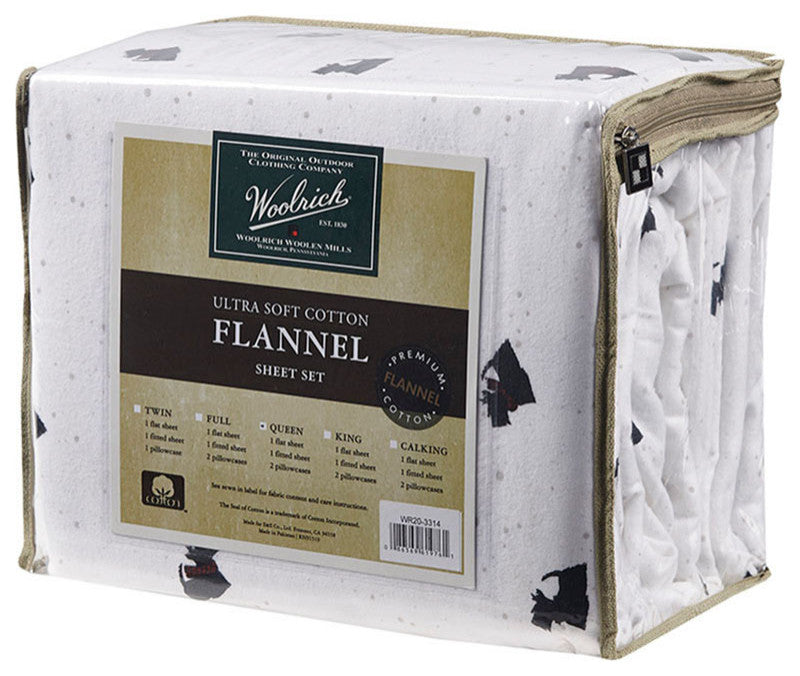 Woolrich Flannel Cotton Flannel Winter Sheet Set, White Scottie