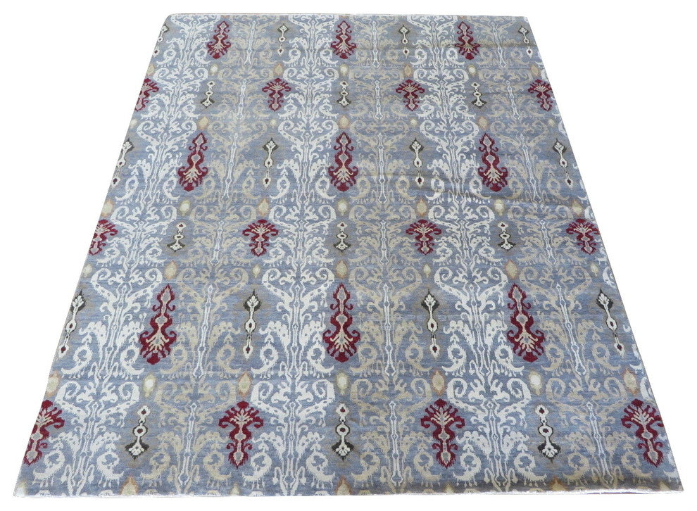 7'10x9'10 Handmade Grayish Blue Ikat Peshawar Oriental Rug