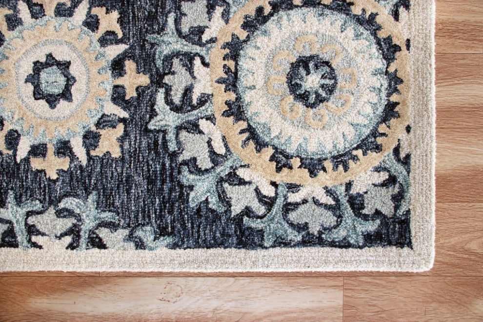 5" x 7" Blue and Beige Floral Disc Area Rug