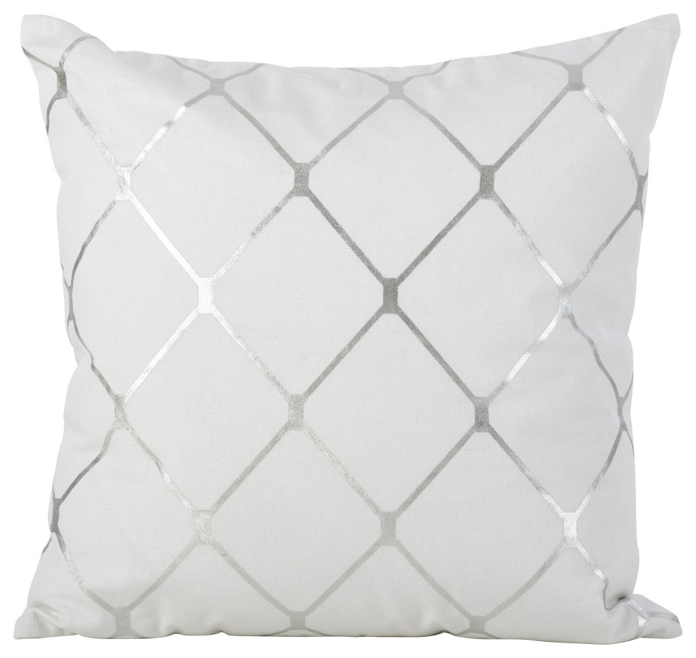 Metallic Diamond Design Throw Pillow With Down Filling, 18"x18", Silver