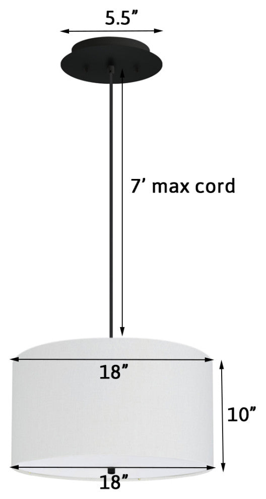 2 Light Pendant 18"w White Linen Shade with Diffuser, Black Cord