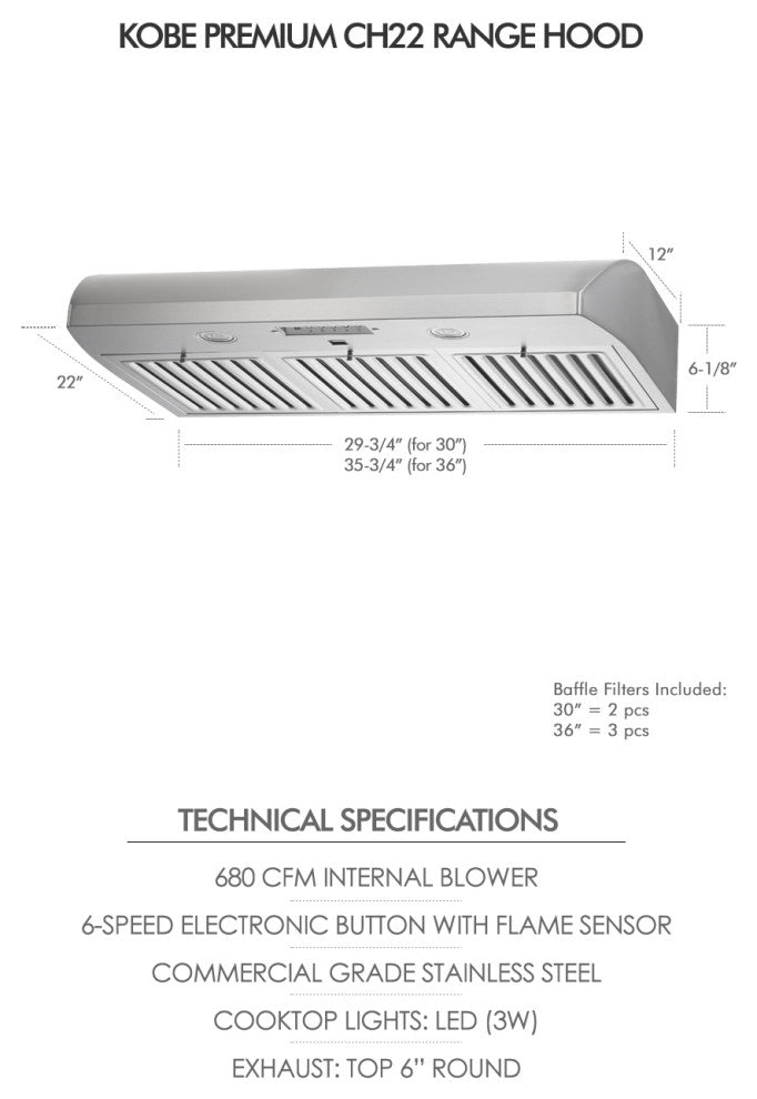 KOBE 680 CFM Hands-Free Fully Auto Under Cabinet Range Hood, 30"