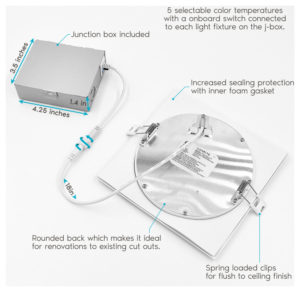 Luxrite 6" Ultra Thin Square LED Recessed Light 5 Color Option 16 Pack