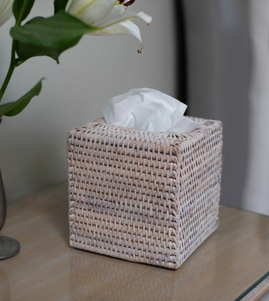Artifacts Rattan Column Tissue Box Cover, White Wash