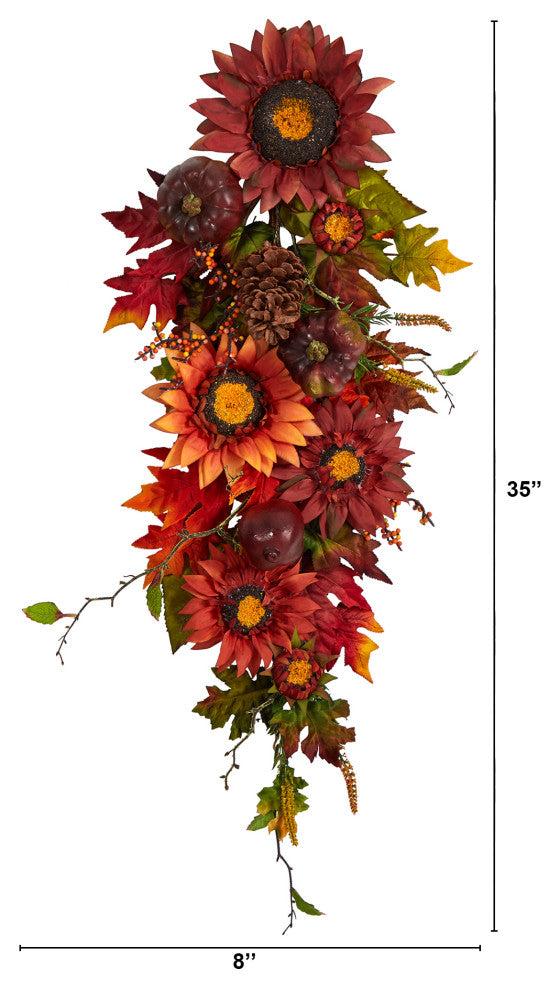 35" Autumn Sunflower, Pumpkin and Berries Artificial Teardrop
