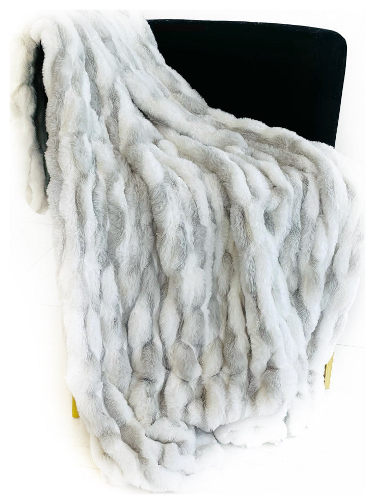 White Silver Snow Chinchilla Faux Fur Luxury Throw Blanket, Throw 60Wx84L