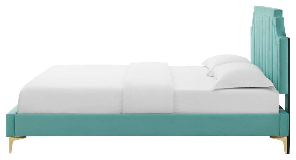 Platform Bed Frame, Queen Size, Velvet, Blue, Modern Contemporary, Bedroom