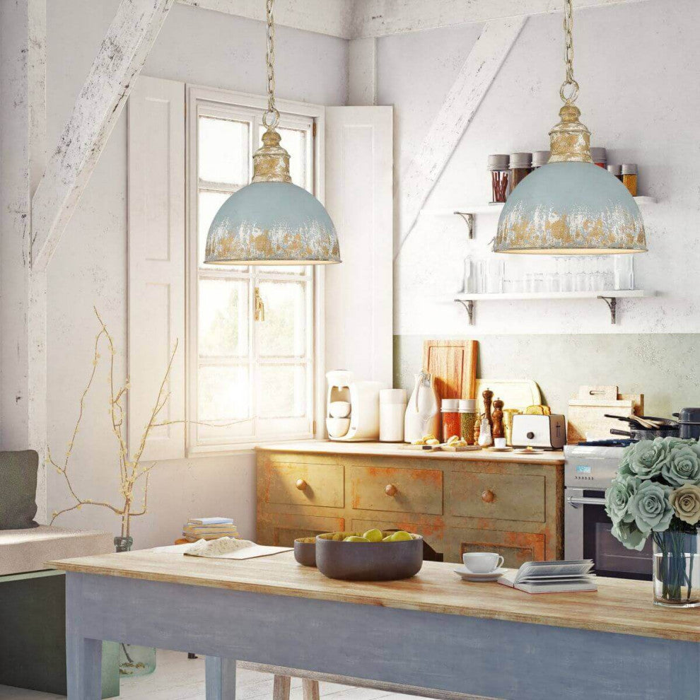 1 Light 12" Pendant, Vintage Gold With Teal Shade