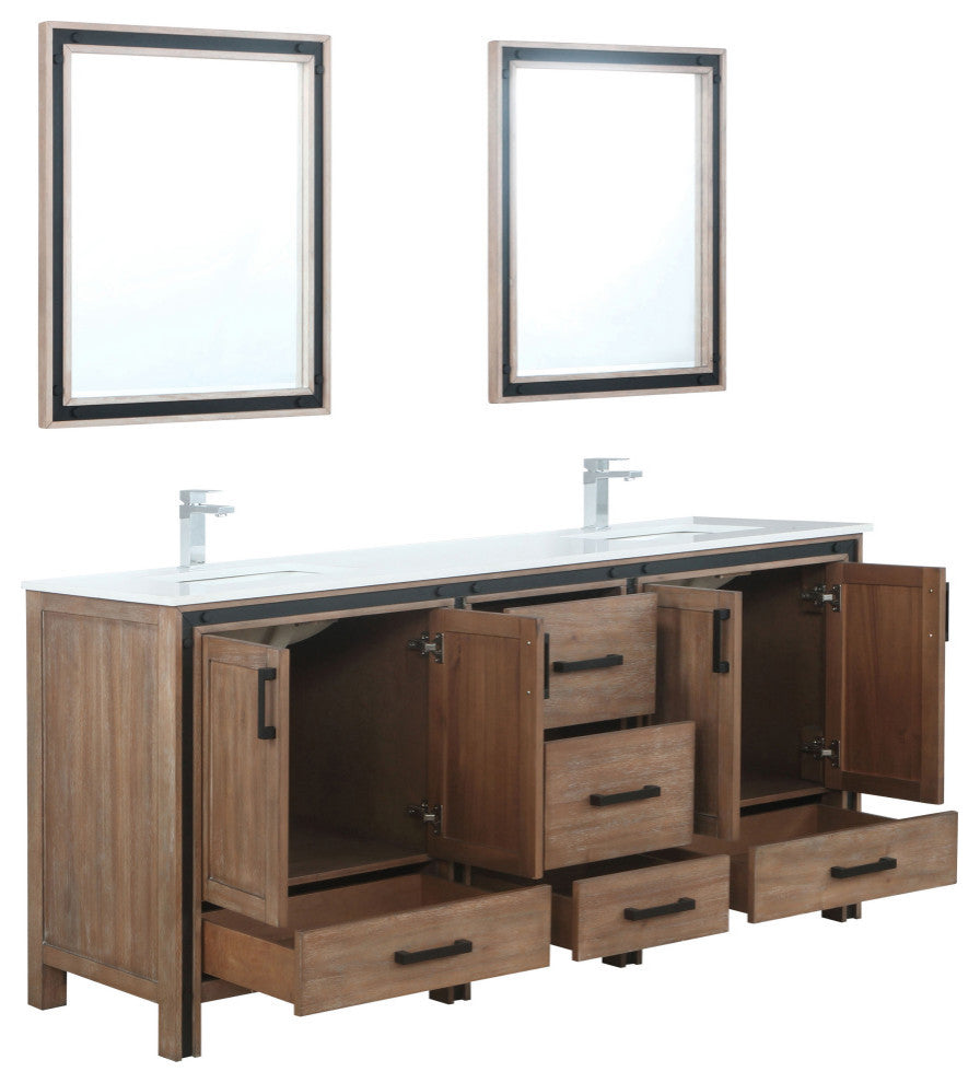Ziva 72 Barnwood DB Vanity, Cultured Marble Top, Square Sink, 30 Mirrors, Faucet