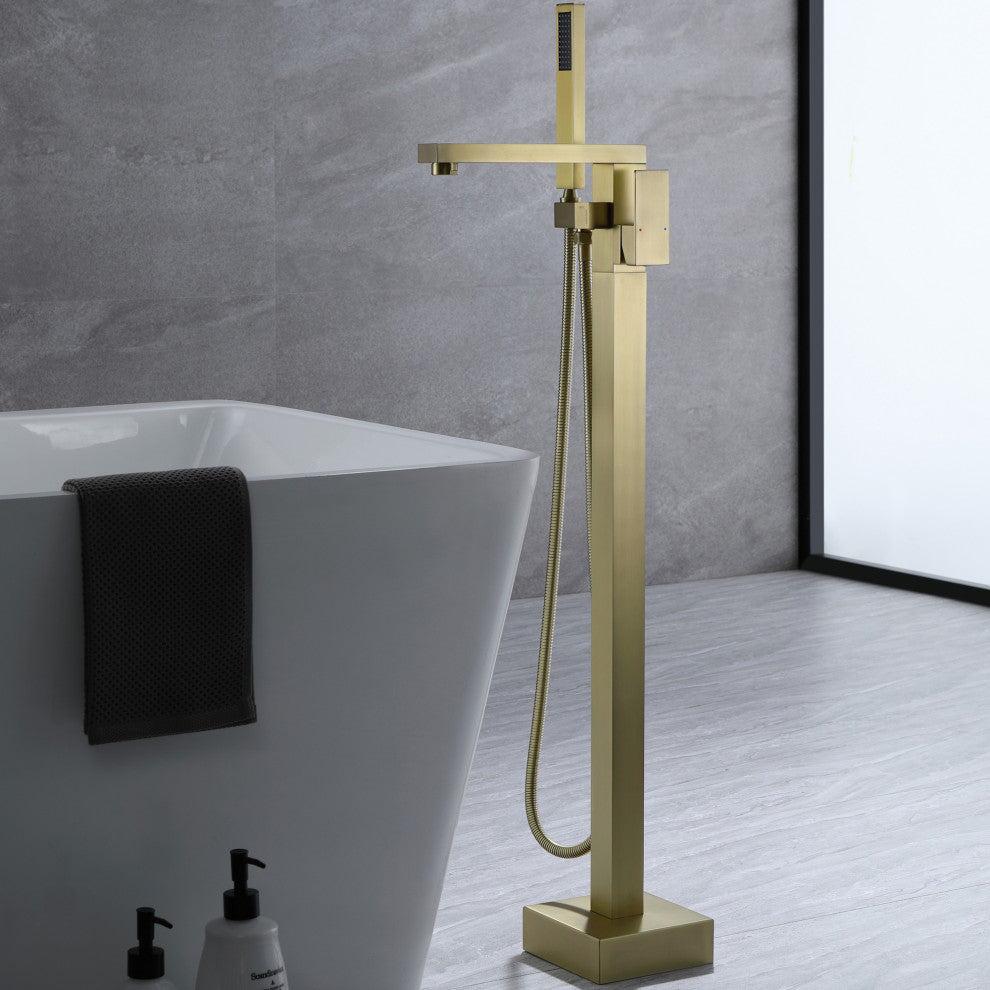 Freestanding Bathtub Faucet, Floor Mounted Tub Faucets With Hand Shower, Brushed Gold
