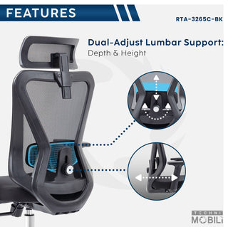 Techni Mobili Truly Ergonomic Mesh Office Chair with Headrest, Black