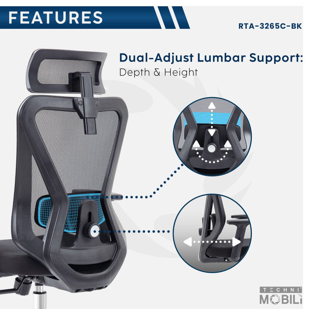 Techni Mobili Truly Ergonomic Mesh Office Chair with Headrest, Black