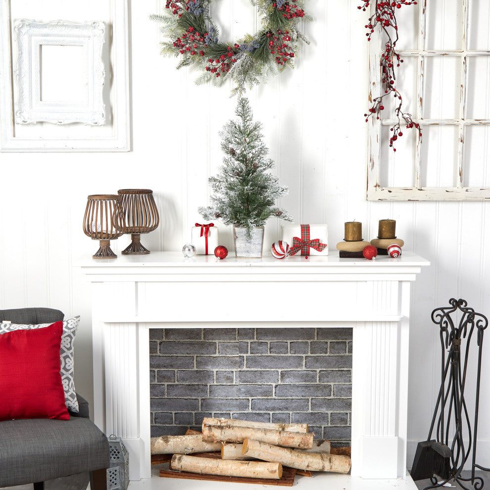 2' Frosted Pre-Lit Artificial Christmas Tree With Pinecones, Decorative Planter