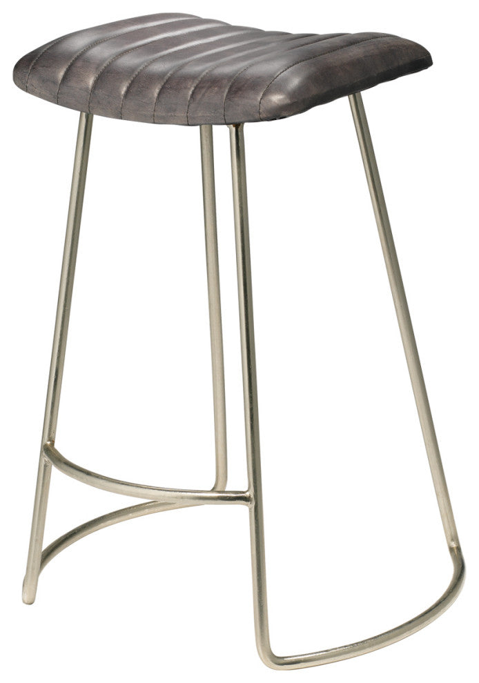 Vintage Style Curved Leather Seat Counter Stool Charcoal Gray Retro Ribbed
