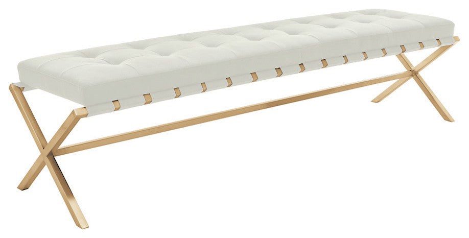 Auguste Bench in Brushed Gold Stainless Steel Frame, White, Large
