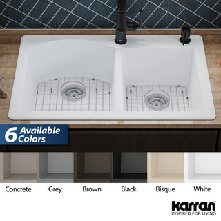 Karran Drop-In Quartz 33" 1-Hole 60/40 Double Bowl Sink Kit, White