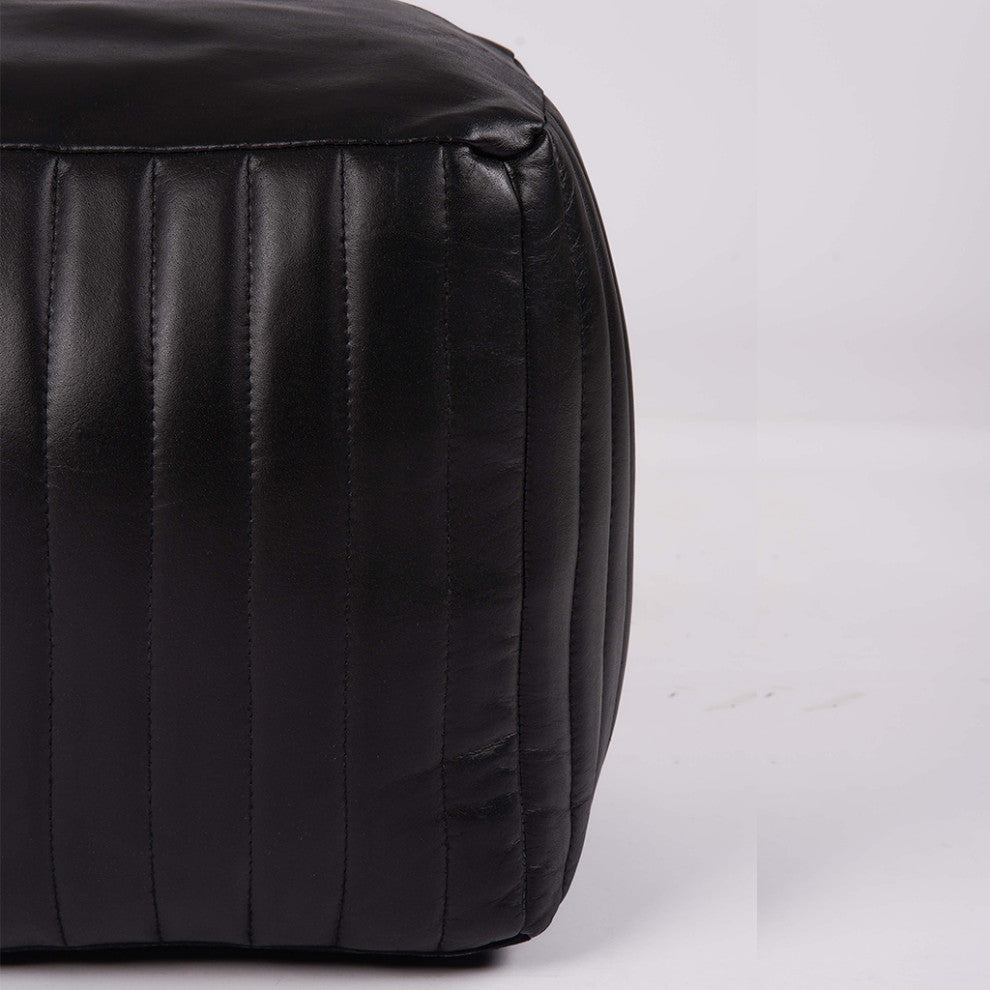 Poufs-Solid Handmade Goat Leather Pouf, Recycled Cotton Fill, Black, 14x14x14