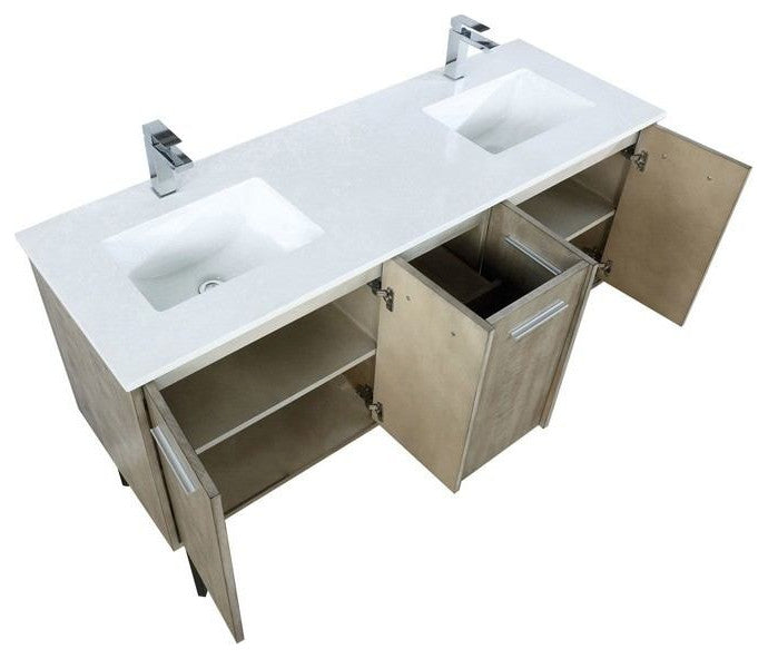 Lancy Modern 60" Rustic Acacia Double Sink Bathroom Vanity, Labaro Rose Gold Fau