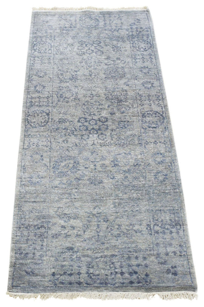 Goose Gray Broken Persian Design Silk Hand Knotted Short Runner Rug 2'6"x5'10"