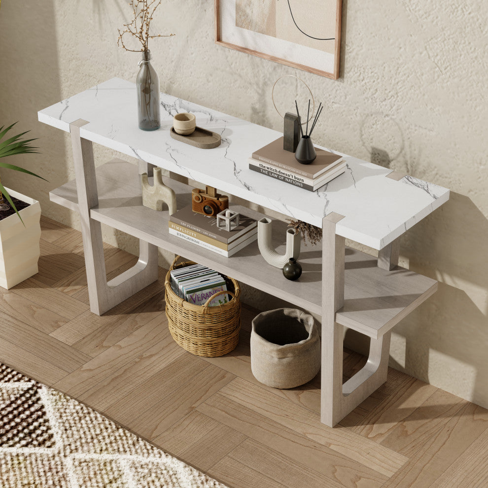 TATEUS Narrow Console Table with Marble-Effect Top for Entryway and Living Room, Gray Wash