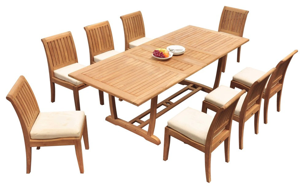 9-Piece Outdoor Teak Dining: 94" Masc Rectangle Table, 8 Lagos Armless Chairs