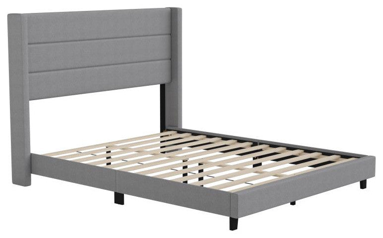 Hollis Upholstered Platform Bed with Wingback Headboard w/Mattress Foundation, Gray, Queen