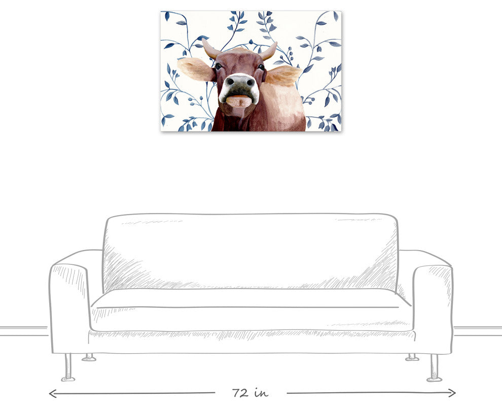 Blue Floral Cow 36x24 Canvas Wall Art