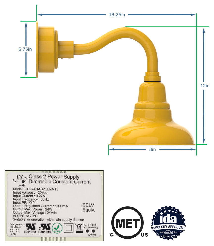 8in.  Yellow Gooseneck Barn Light with Chic Arm