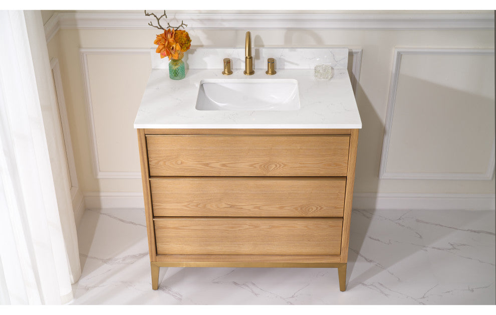 Nolan Freestanding Bathroom Vanity with Quartz Top, Light Oak, 36"