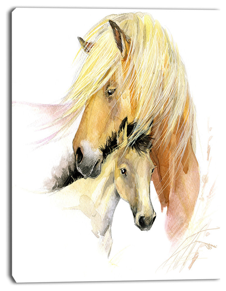 Horse Mom Baby Watercolor, Animal Canvas Art Print, 28"x60"