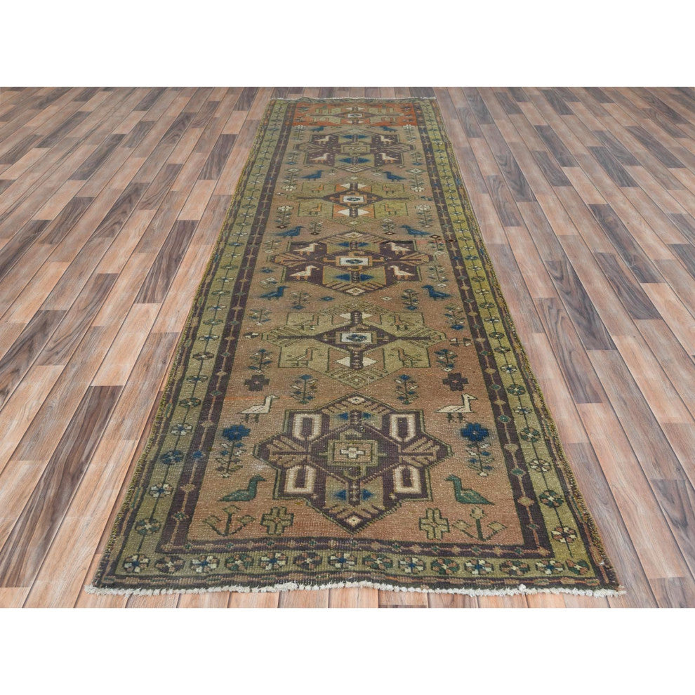 Walnut Brown Northwest Persian Wide Runner Bird Figurines Wool Rug, 3'4"x10'3"