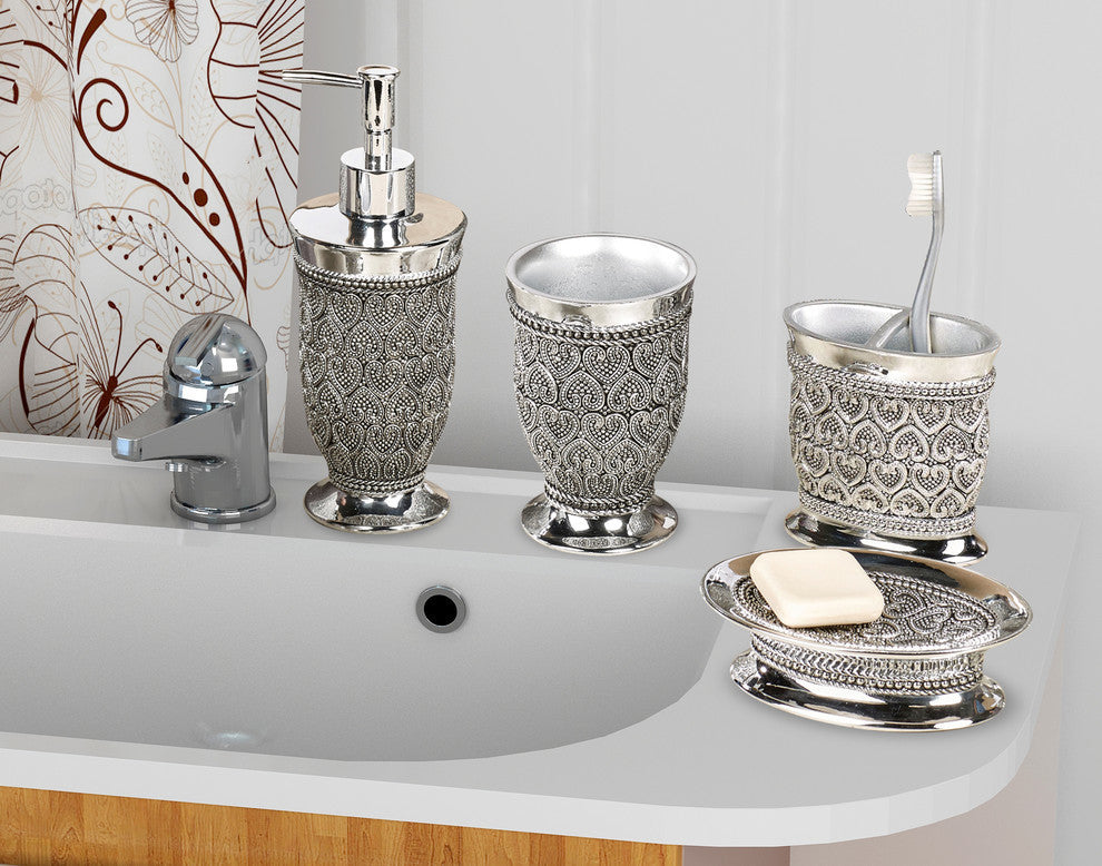 nu steel Beaded Heart 4-Piece Set Bath Collection-Silver Resin