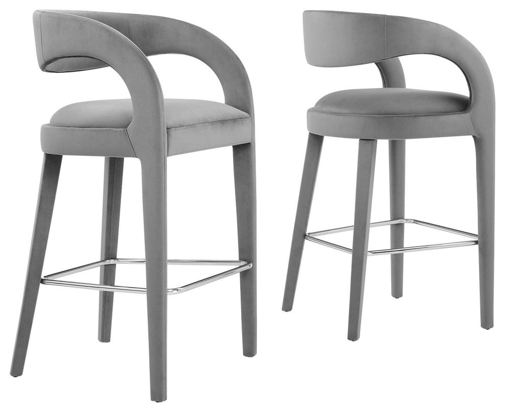 Pinnacle Performance Velvet Bar Stool Set of 2, Gray Silver