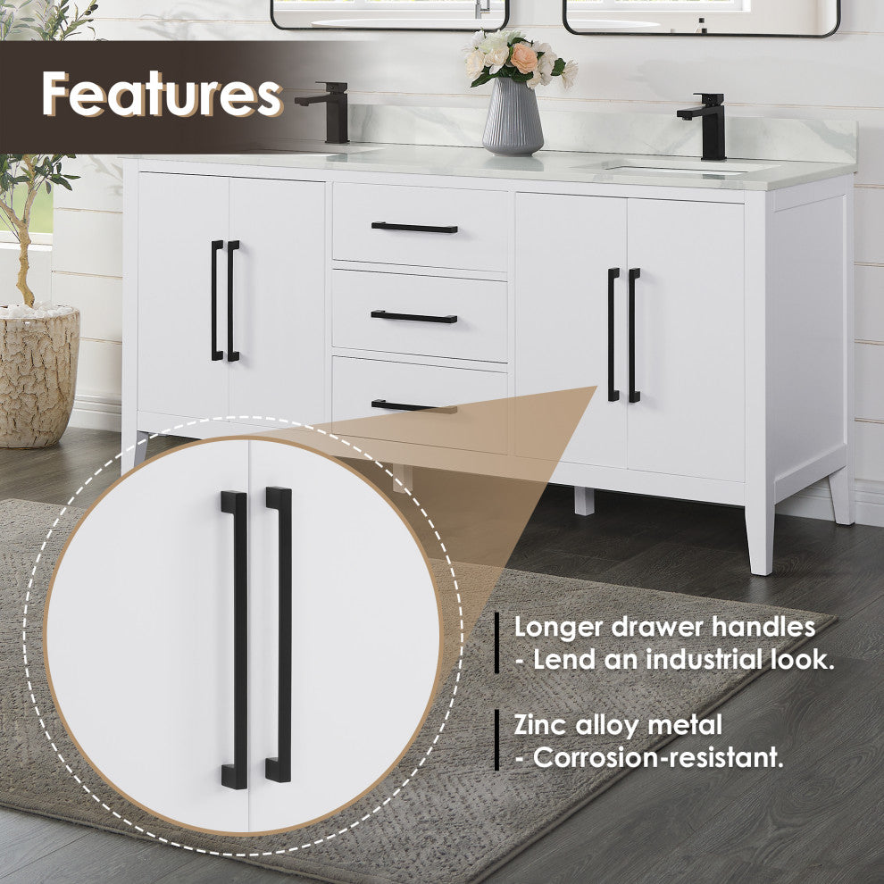 Laurel Bathroom Vanity with Calacatta White Quartz Stone Countertop, White, 72", With Mirror