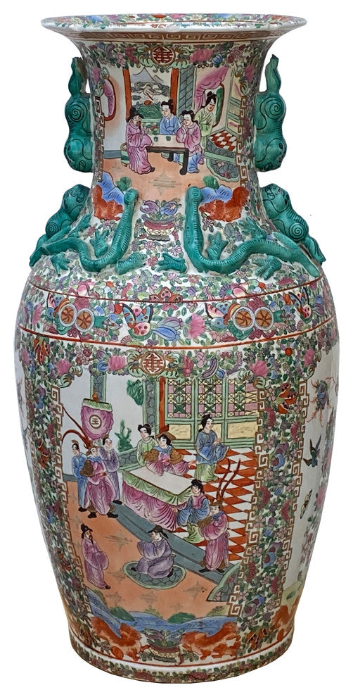 Chinese Hand Made Pink Turquoise House People Scenery Graphic Vase Hws2168