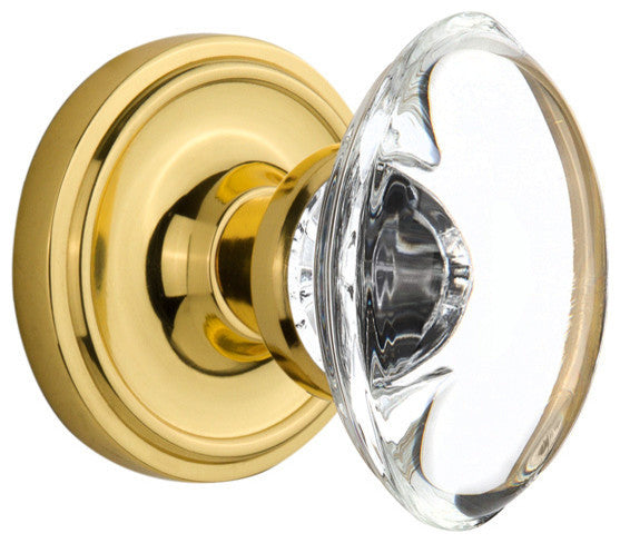 Classic Rosette Privacy Oval Clear Crystal Glass Knob, Polished Brass