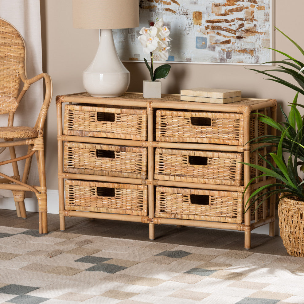 Dariana Modern Bohemian Natural Brown Rattan 6-Drawer Storage Cabinet