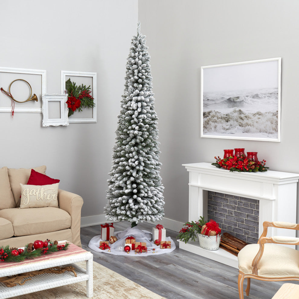 Nearly Natural 9ï¿½ Flocked Pencil Artificial Christmas Tree with 600 Clear Lights