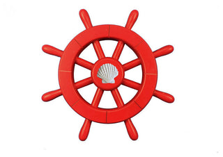 Decorative Ship Wheel With Seashell, Red, 12"