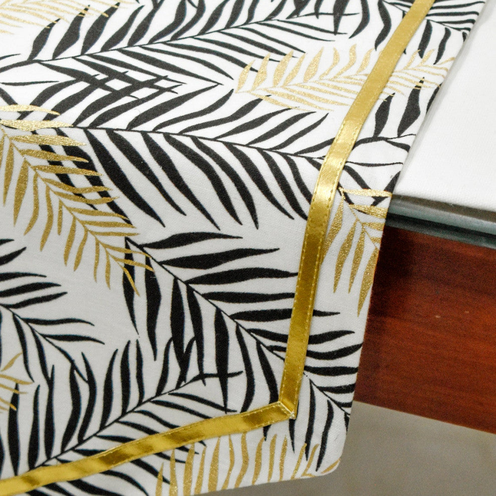 Decorative Table Runner Black Cotton 14"x48", Leaf, Gold Glitter, Tassels- Panra