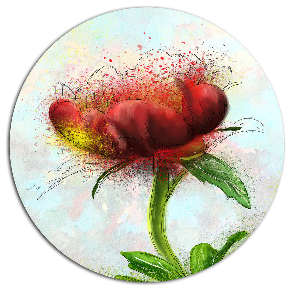 Cute Red Green Watercolor Flower, Floral Round Metal Wall Art, 23"