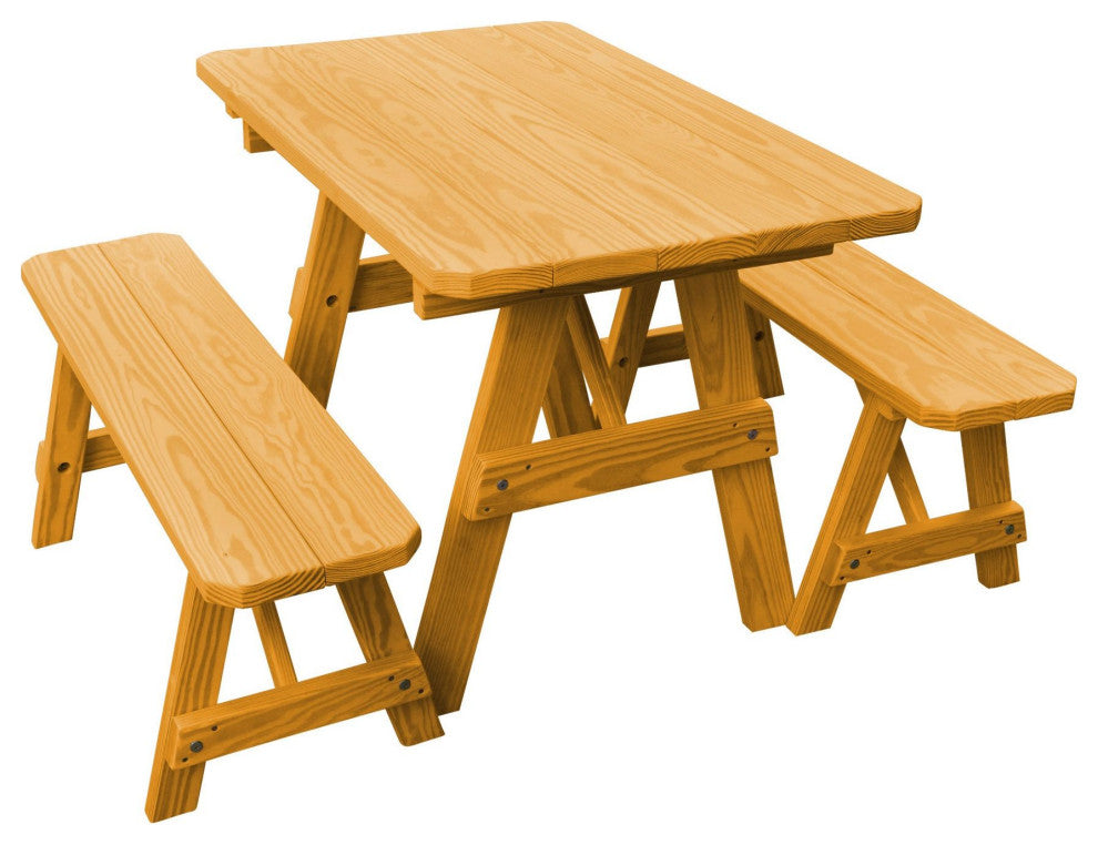 Pressure Treated Pine Picnic Table With 2 Benches, Natural Stain, 5 Foot, No Umbrella Hole