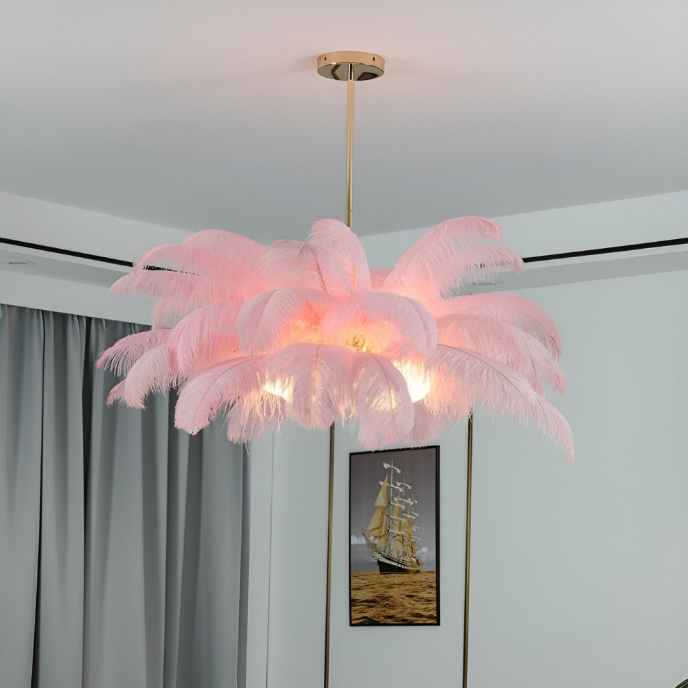 Gembloux | Pink/White Feather Round Chandelier, Pink