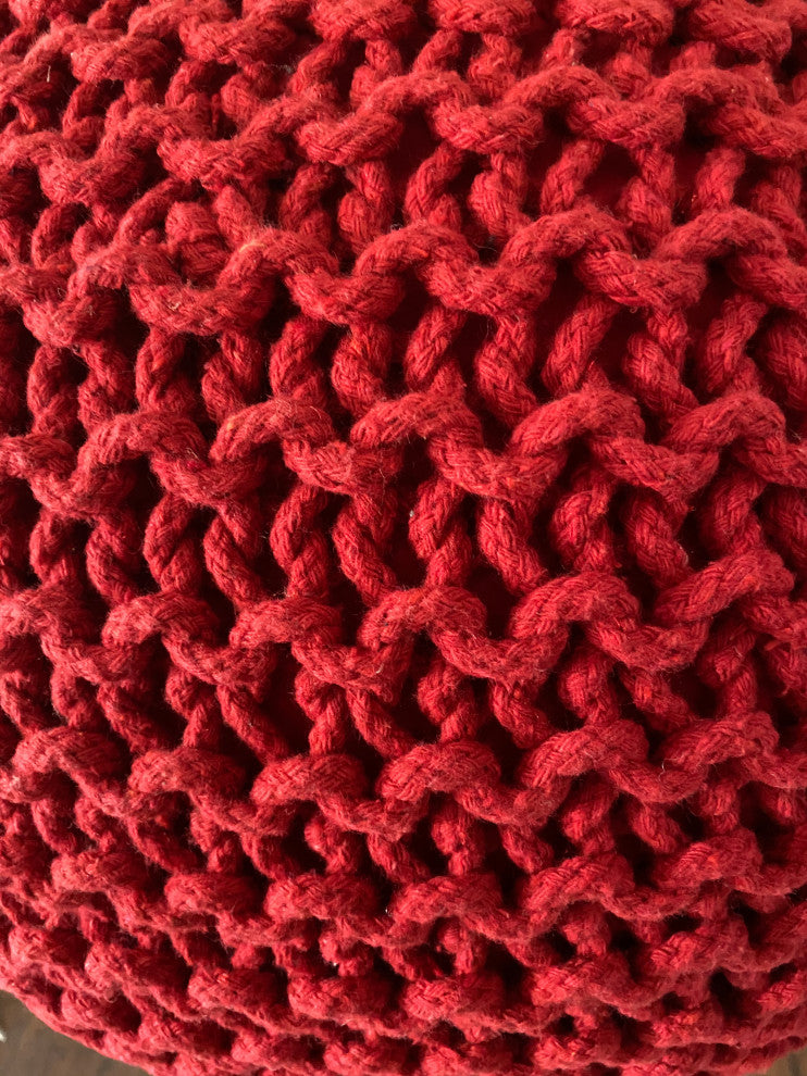 Handmade Premium Cotton Round Knitted Cable Style Pouf, Red